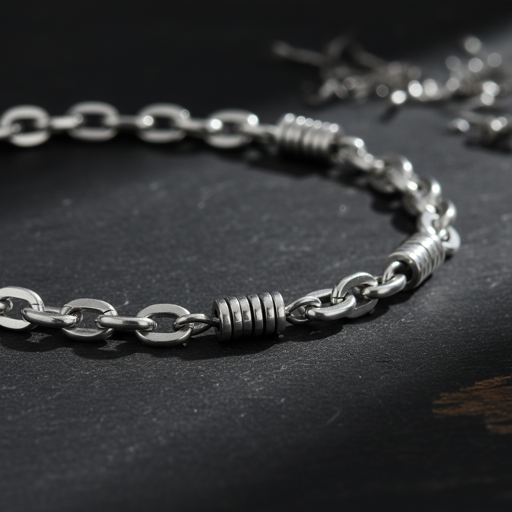 Magis Art Shop stainless steel chain necklace with decorative ring links on a dark textured surface