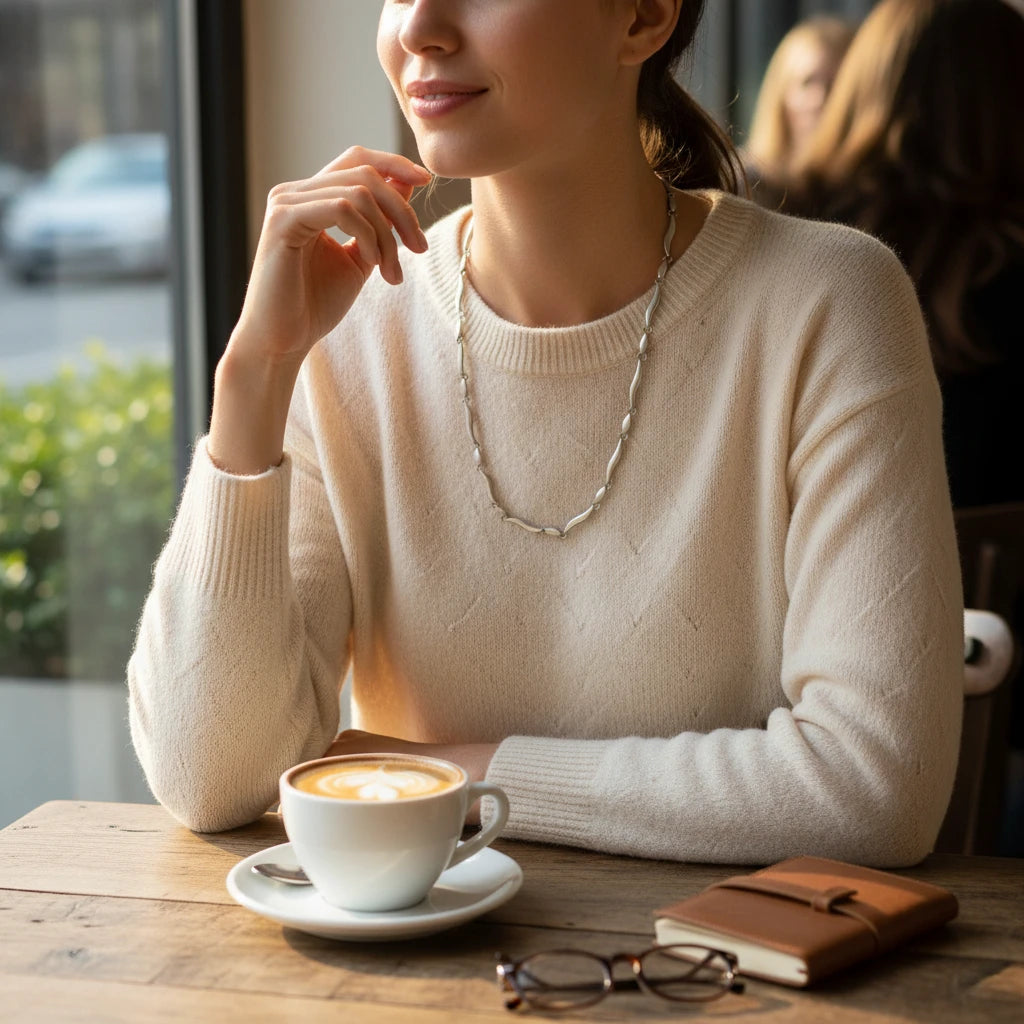 Magis Art Shop minimalist stainless steel link necklace worn by a woman in a cream sweater at a cafe table