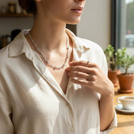 Magis Art Shop stainless steel chain necklace with interlocking rings worn by a woman in a beige linen shirt
