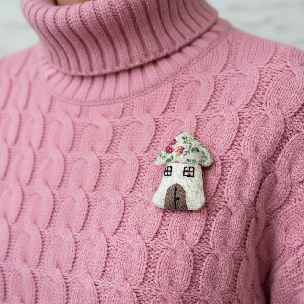 Magis Art Shop handmade textile house brooch with a floral roof pinned on a pink cable-knit turtleneck sweater