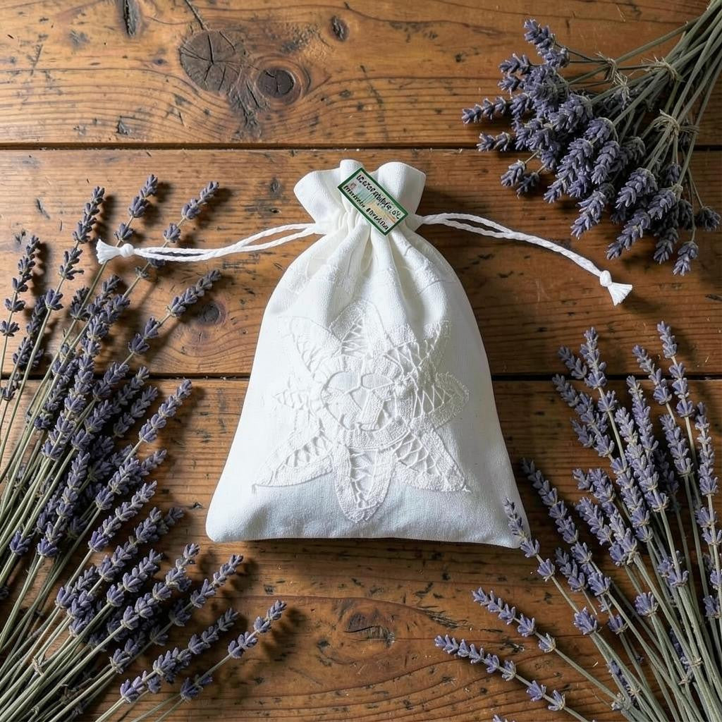 Magis Art Shop white cotton drawstring herb pouch with delicate lace embroidery on a rustic wooden table with lavender