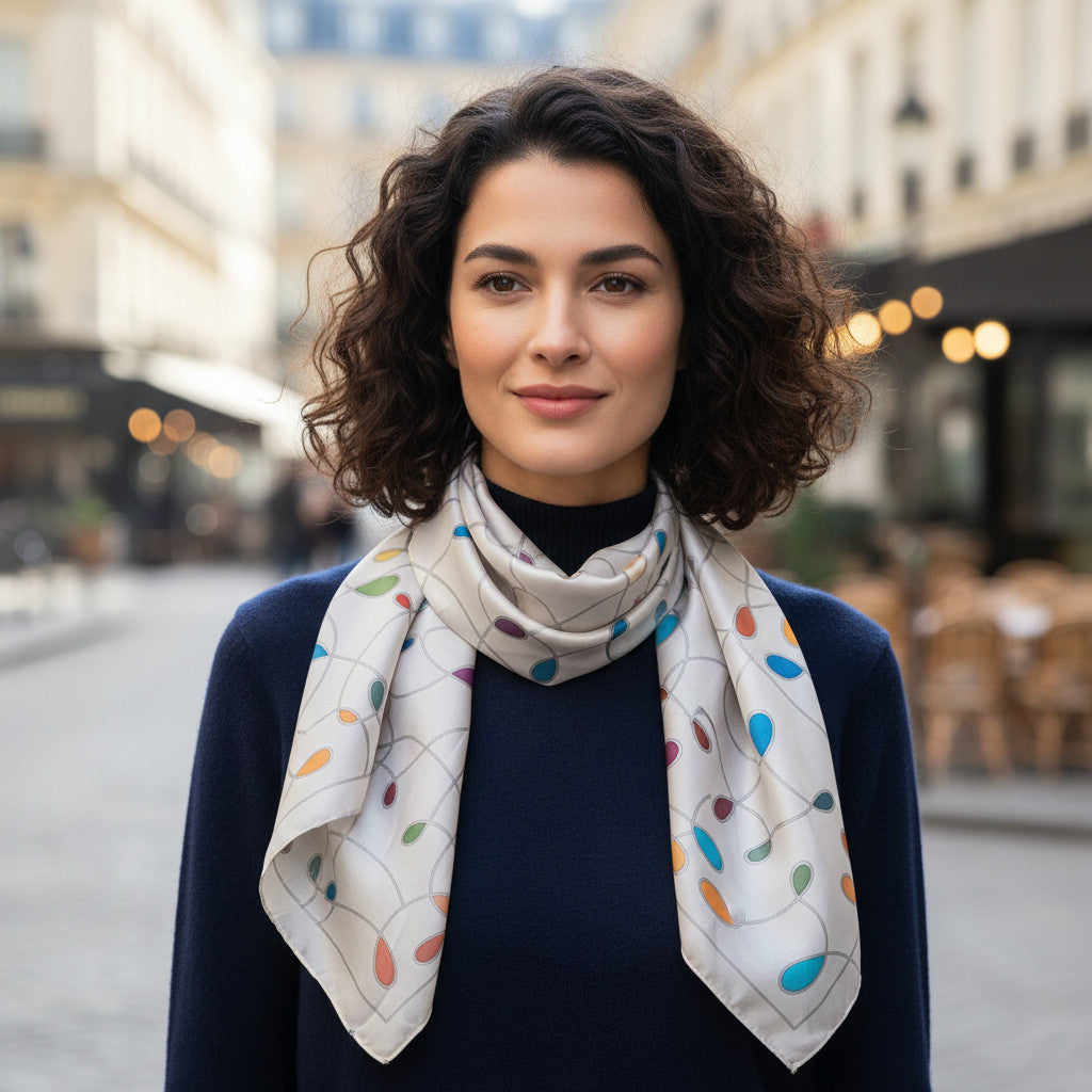 Magis Art Shop white silk scarf with colorful teardrop patterns worn by a woman on a city street