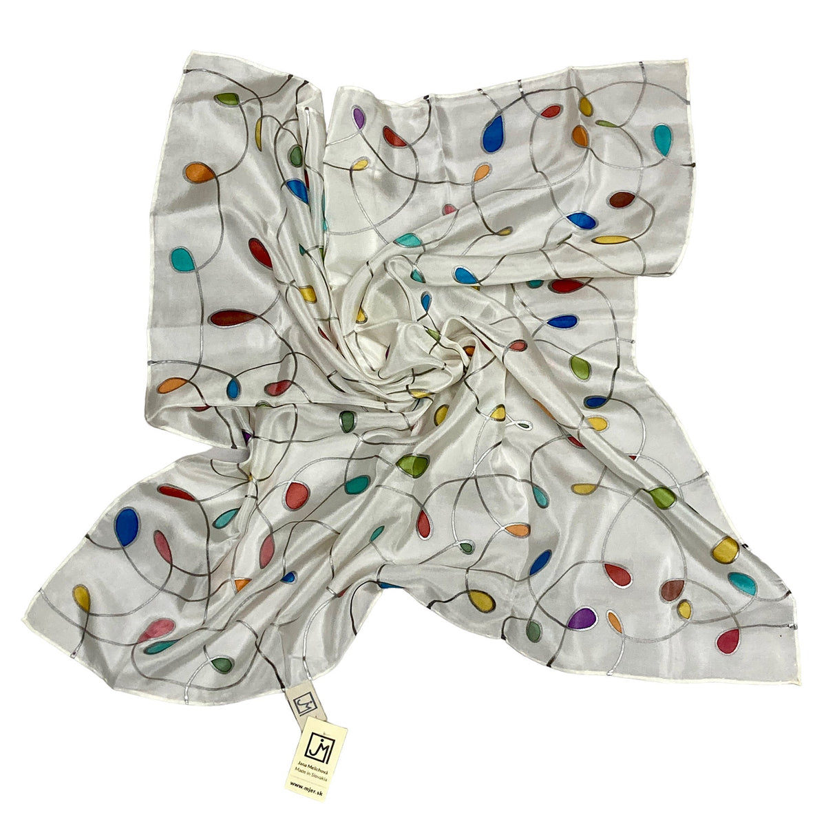 Magis Art Shop white silk scarf by Jana Melichova featuring colorful teardrop patterns and silver accents.