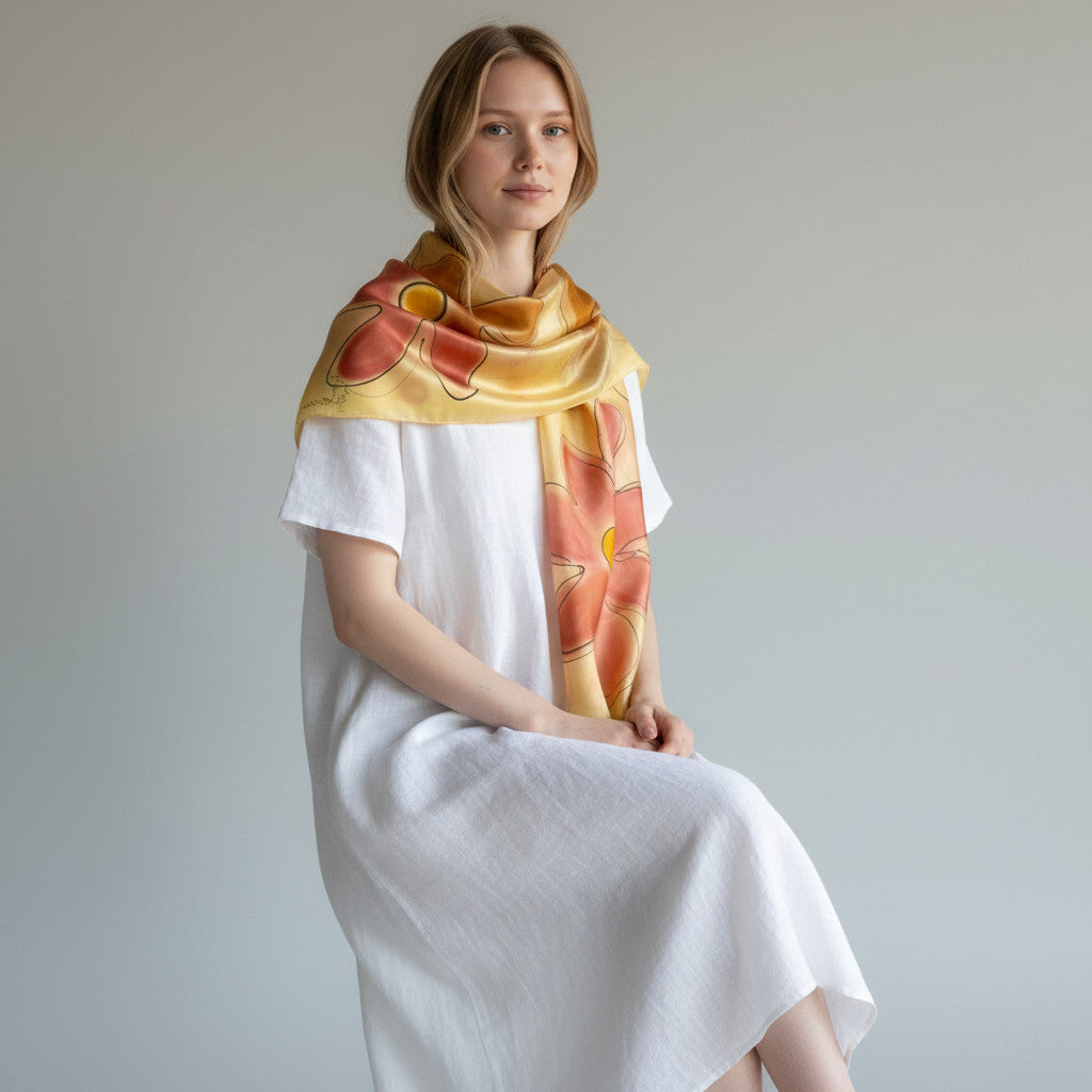 Magis Art Shop hand-painted yellow silk scarf with large floral patterns worn by a woman in a white dress