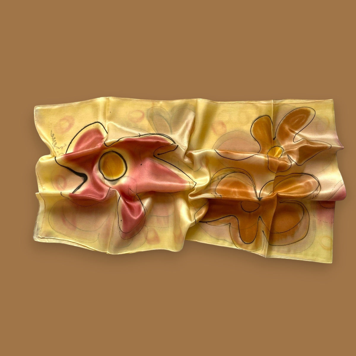 Magis Art Shop hand-painted yellow silk scarf by Ria Berec featuring large floral patterns and artistic contours