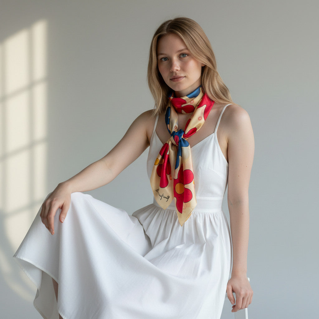 Model wearing a hand-painted yellow silk scarf by Magis Art Shop with red floral patterns and blue accents